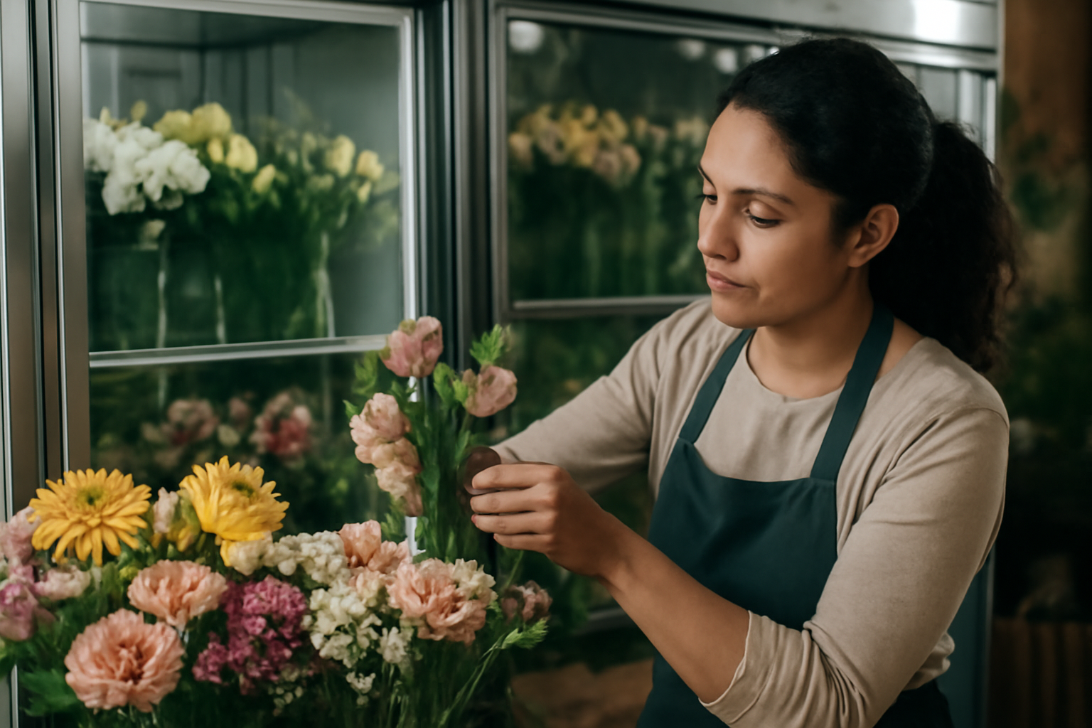 Florista organizando flores frescas em ambiente refrigerado de floricultura