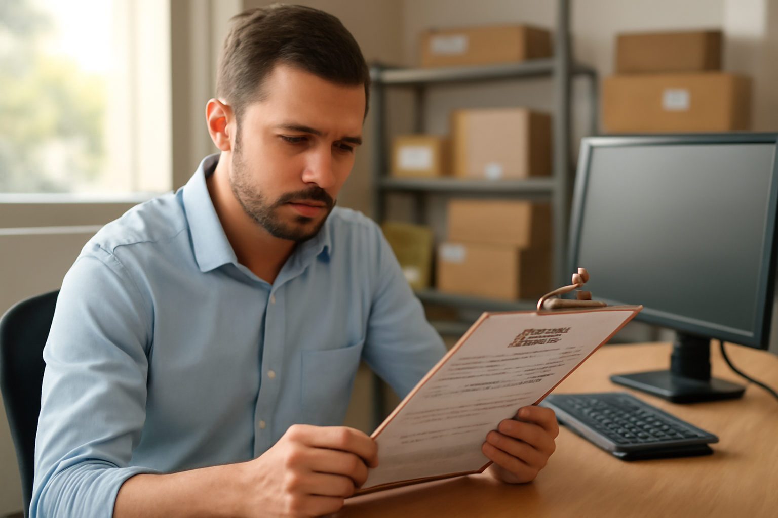 Profissional conferindo documentos de frete em escritório de transportadora com prancheta e computador ao fundo