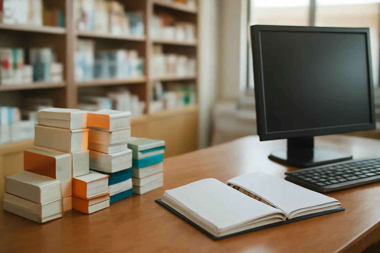 Balcão de farmácia com caixas de medicamentos empilhadas e caderno de controle aberto ao lado do computador