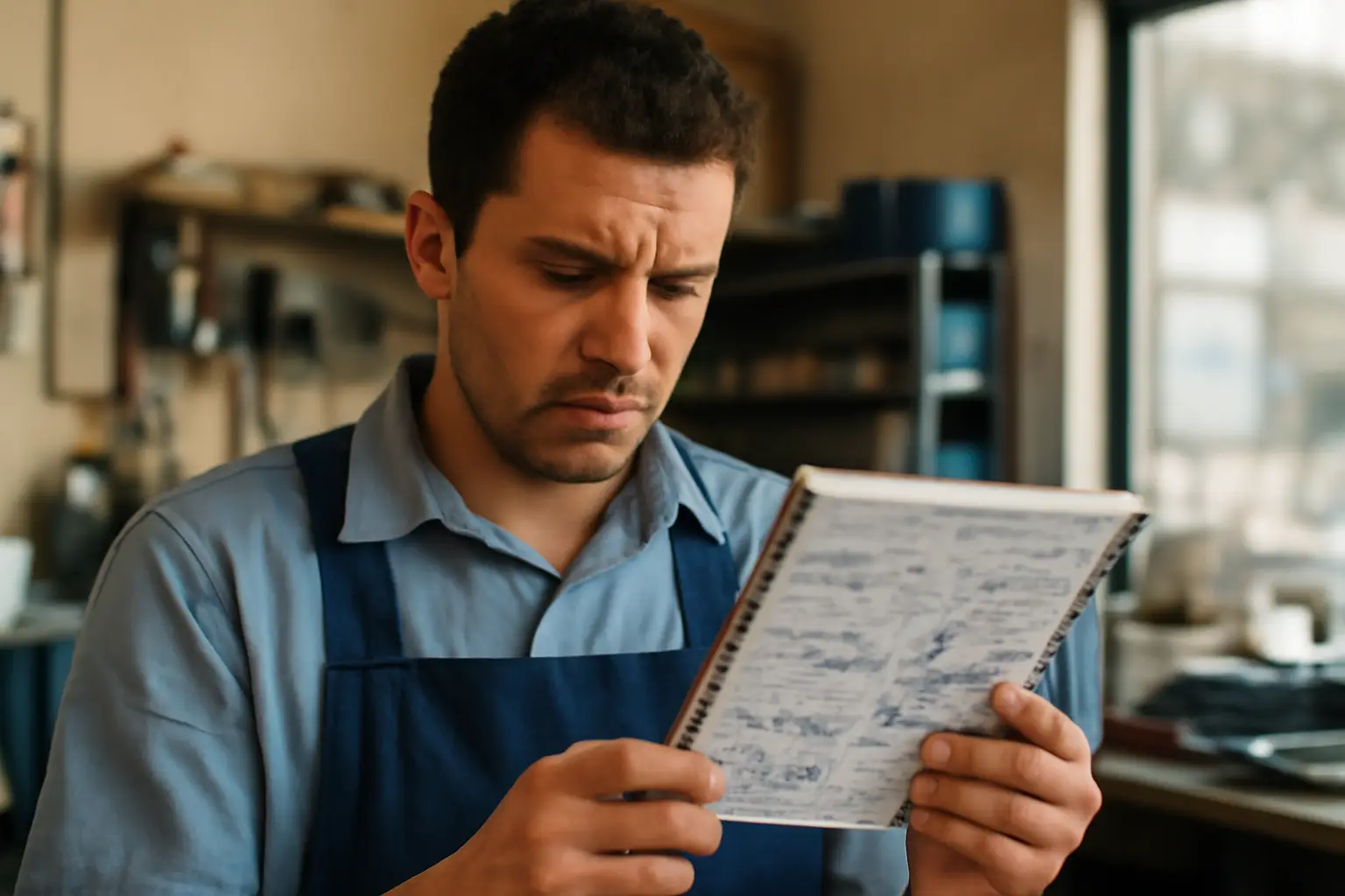 Técnico de assistência olhando agenda de papel confuso com anotações sobrepostas e rabiscadas