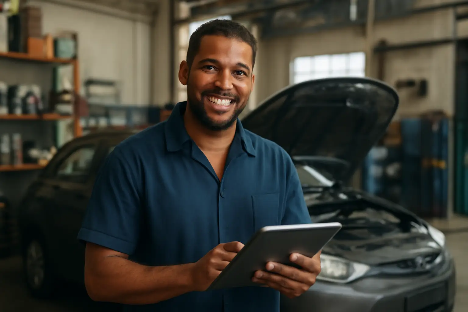 Smiling auto mechanic uses digital tablet in car repair shop environment.