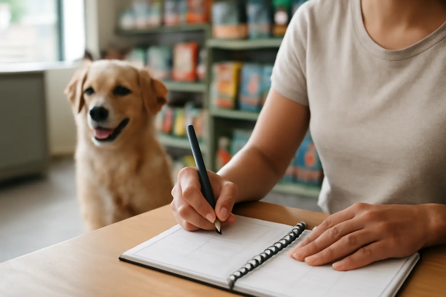 Pessoa escrevendo à mão em caderno de agendamentos de pet shop com cachorro ao fundo