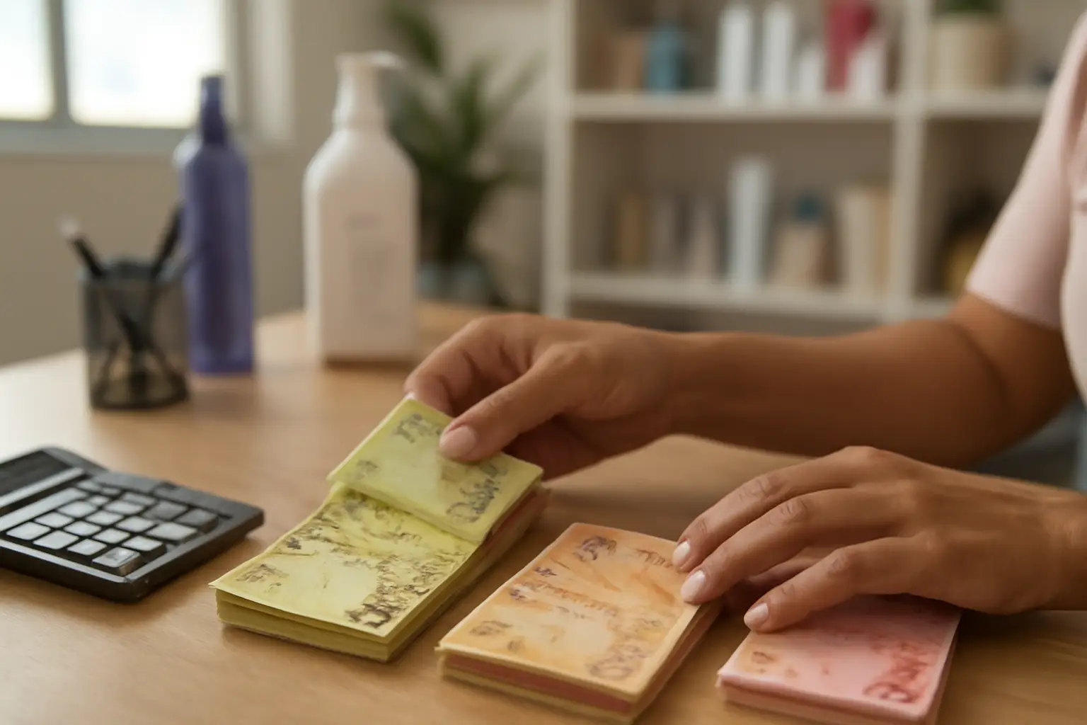 Mãos separando notas de dinheiro em duas pilhas distintas sobre mesa de escritório