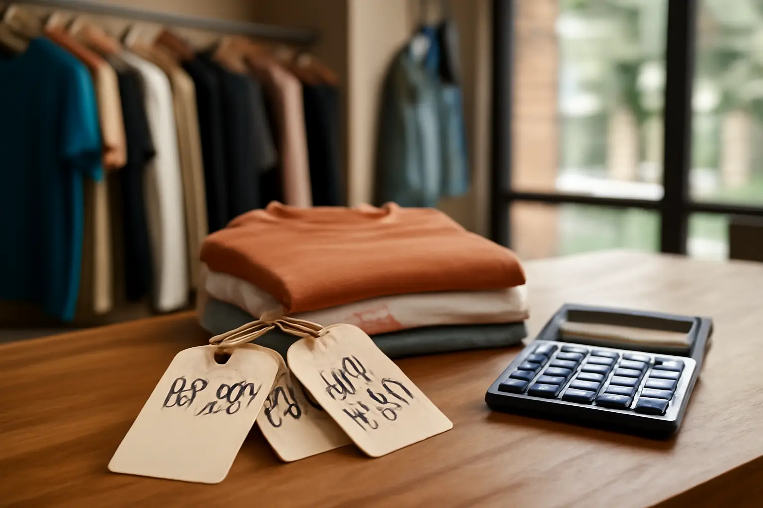 Balcão de loja de roupas com etiquetas de preço manuscritas e calculadora ao lado