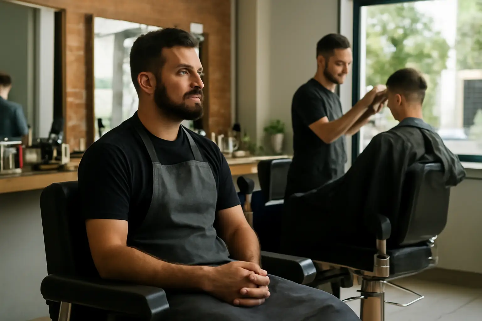 Barbeiro aguardando cliente em cadeira vazia enquanto outro atende, ambiente de barbearia moderna