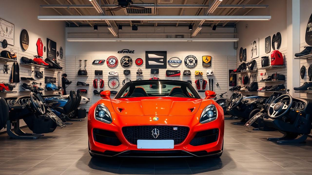 Interior de uma loja de acessórios automotivos com volantes e centrais multimídia expostos