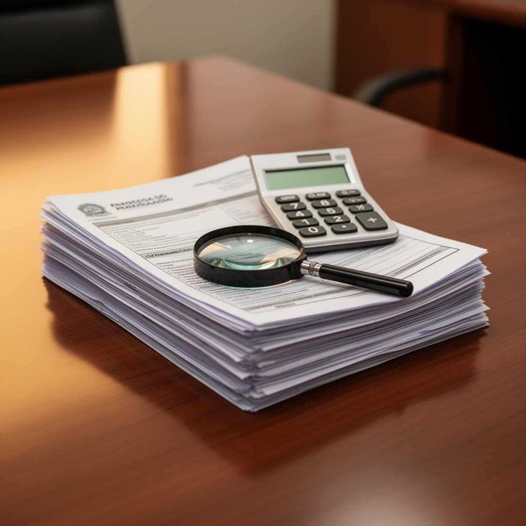 Empresário analisando documentos fiscais e gráficos financeiros em um escritório moderno.