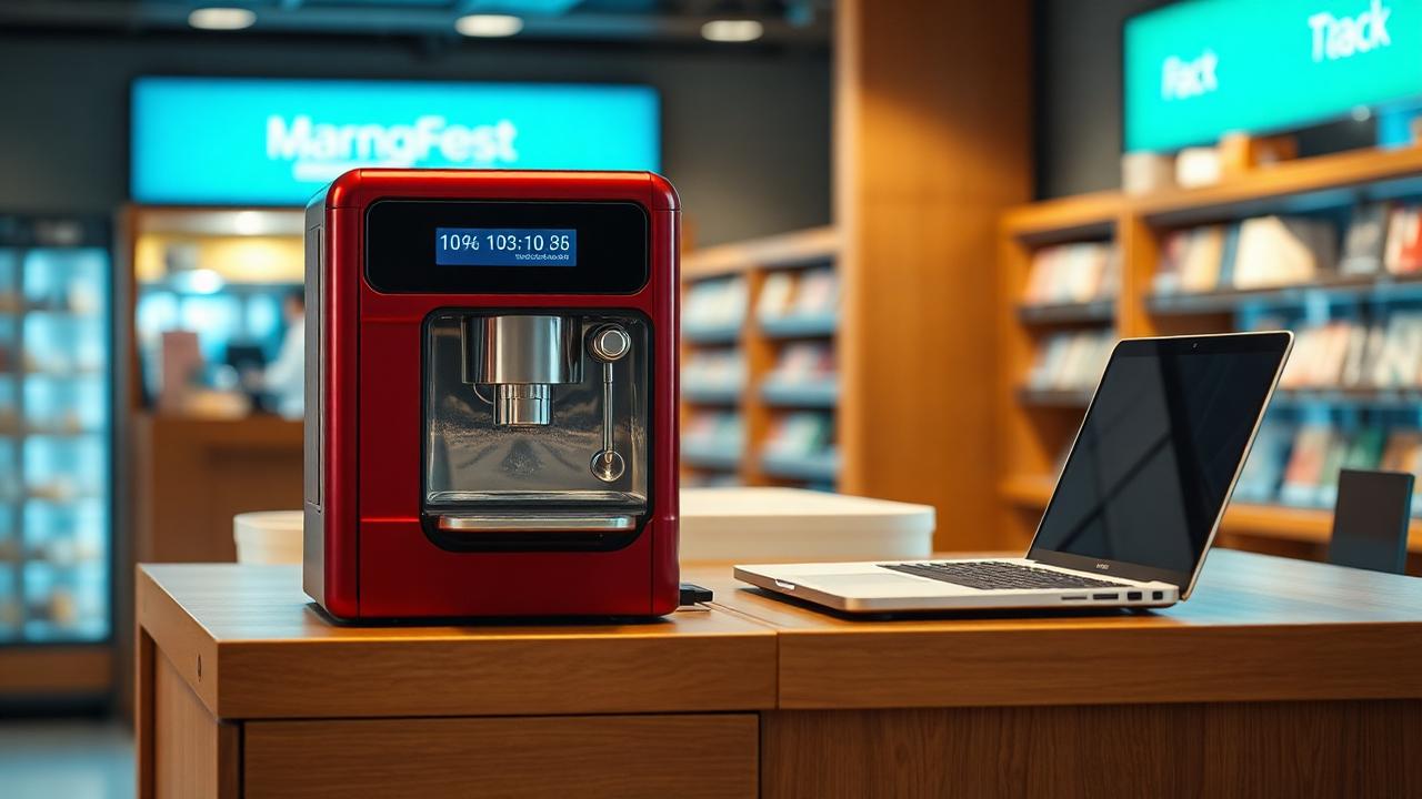 Empreendedor utilizando maquininha de cartão integrada ao computador com sistema de gestão em uma loja moderna.