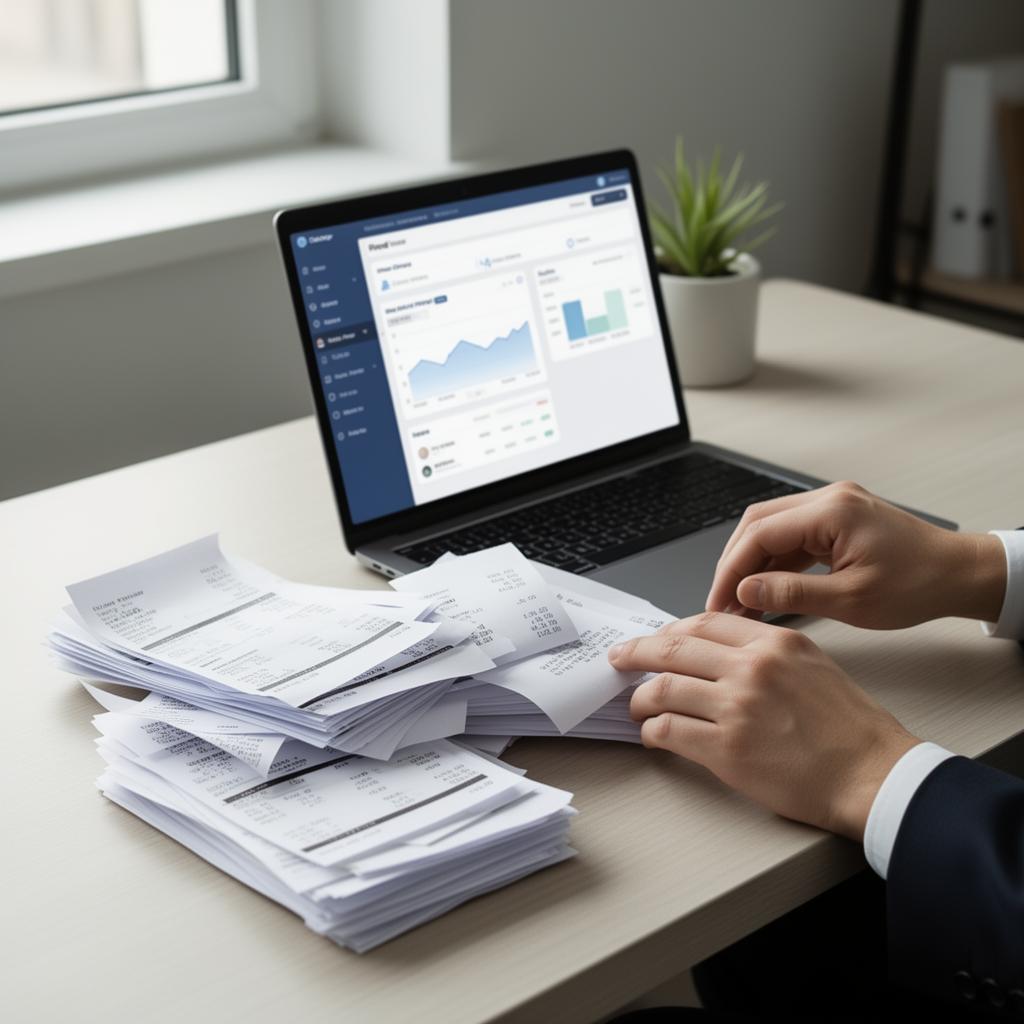 Empresário analisando gráficos financeiros em um escritório moderno com calculadora e computador.
