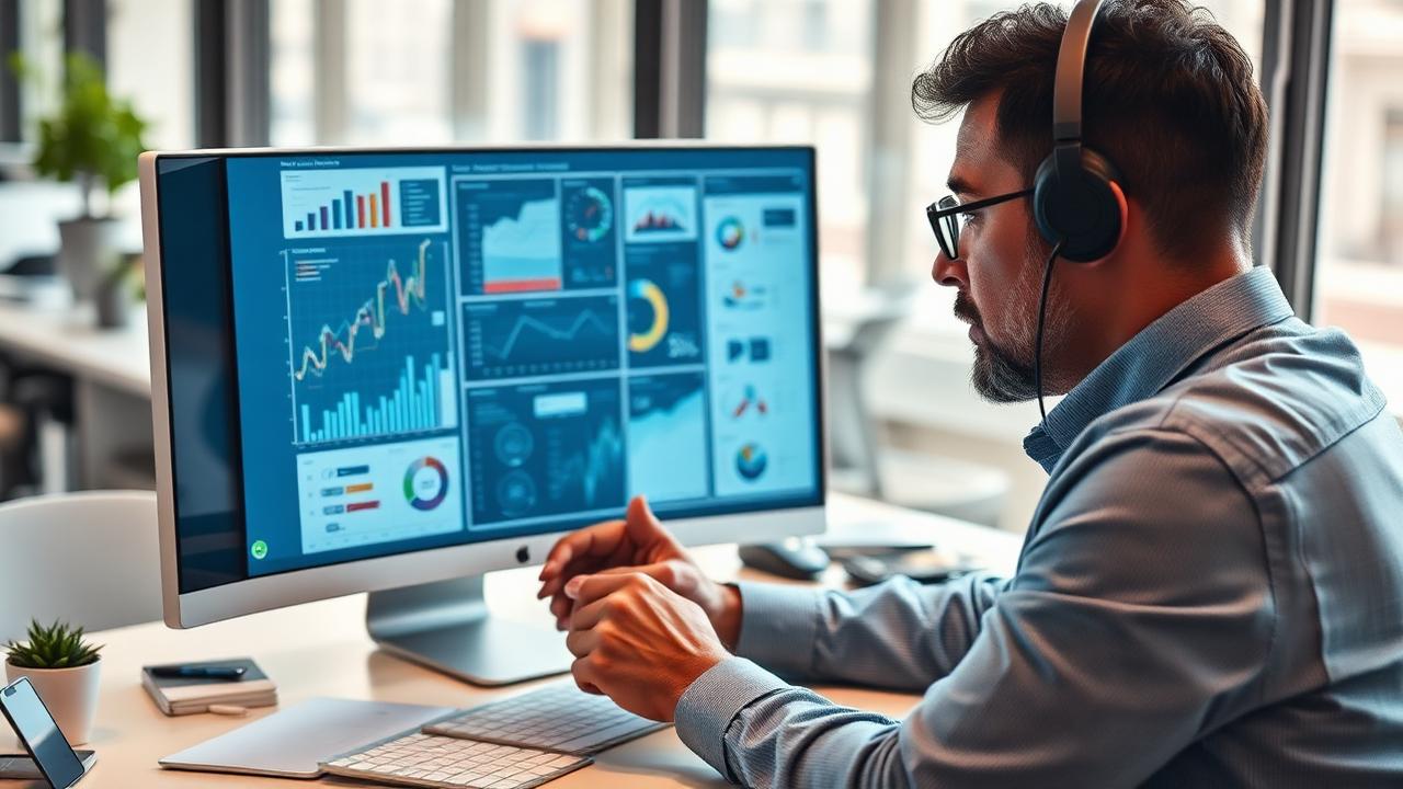 Escritório moderno com gestor analisando gráficos em tela de computador, representando gestão estratégica.