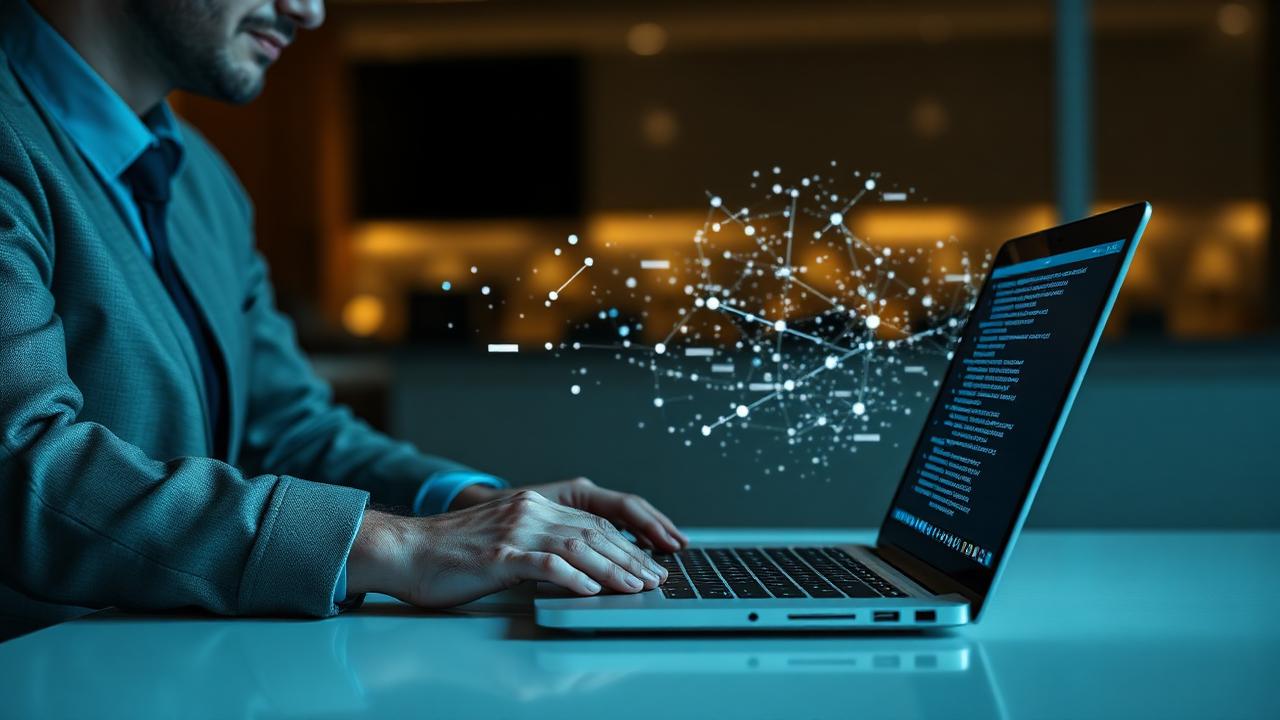 Empresário analisando dados digitais para emissão de nota fiscal eletrônica em um laptop.