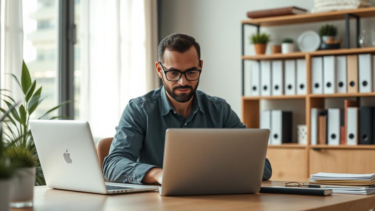 Empreendedor utilizando notebook para emitir nota fiscal eletrônica de serviço no portal nacional.