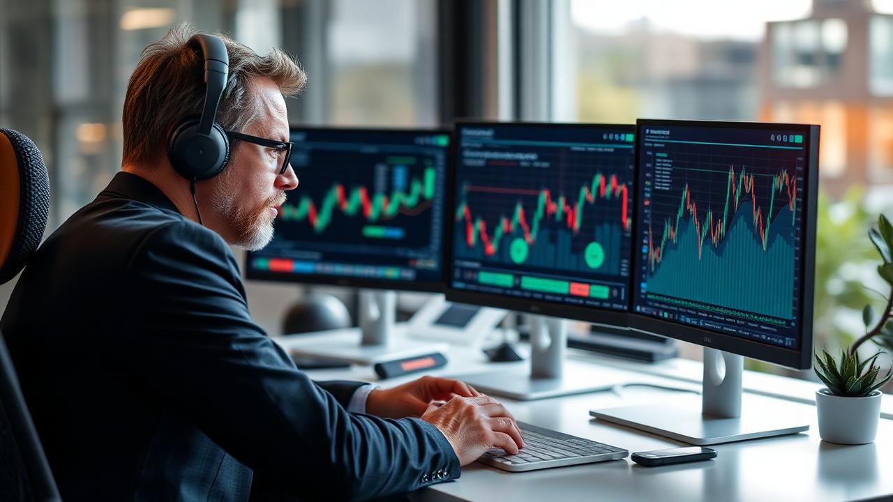 Empresário analisando gráficos financeiros em um computador em escritório moderno.