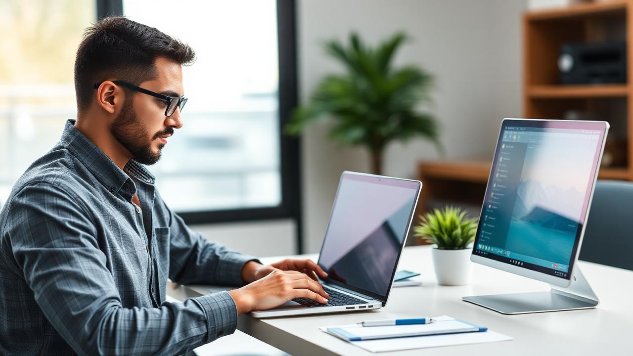 Empreendedor testando software de gestão em um laptop em seu escritório.