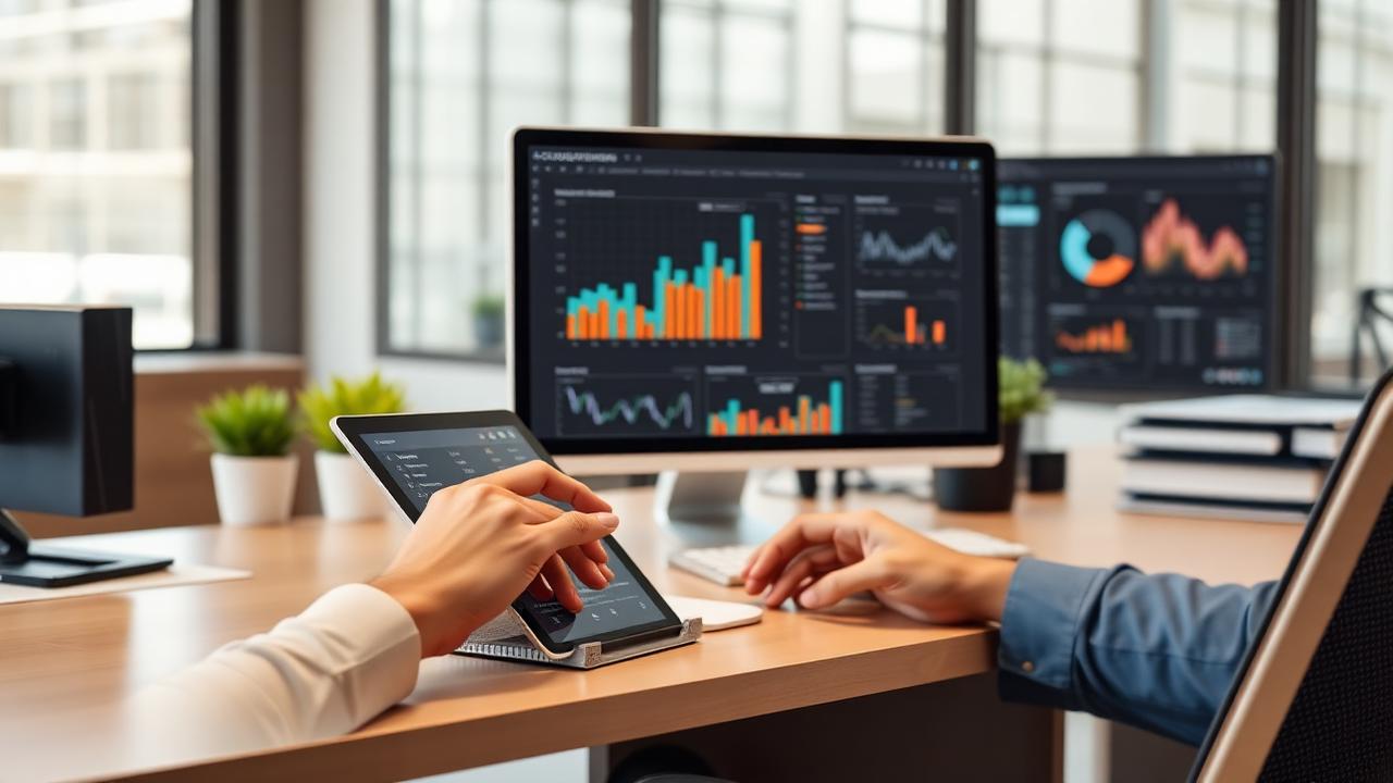 Contador moderno utilizando tablet e computador com gráficos financeiros integrados em ambiente digital.