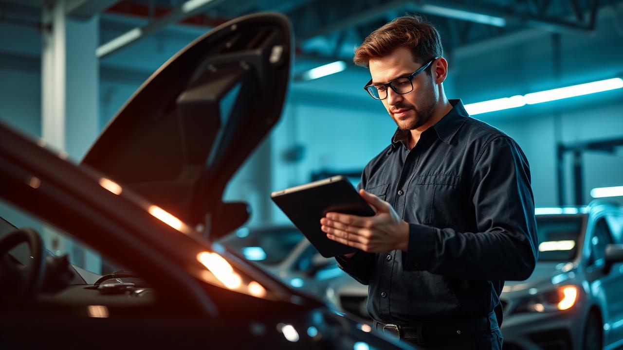 Mecânico brasileiro realizando inspeção preventiva em motor de carro moderno com tablet na mão.