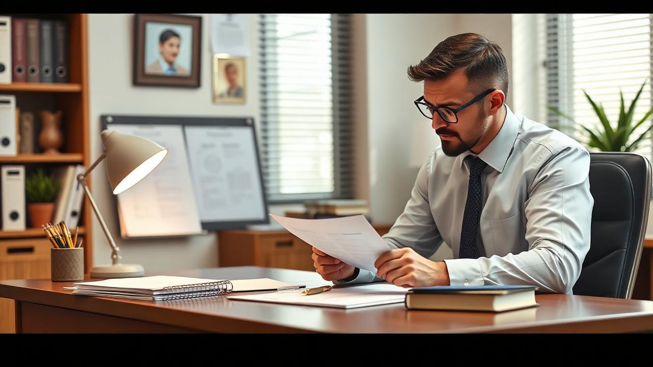 Gestor analisando gráficos financeiros e lista de ativos patrimoniais em um escritório moderno.