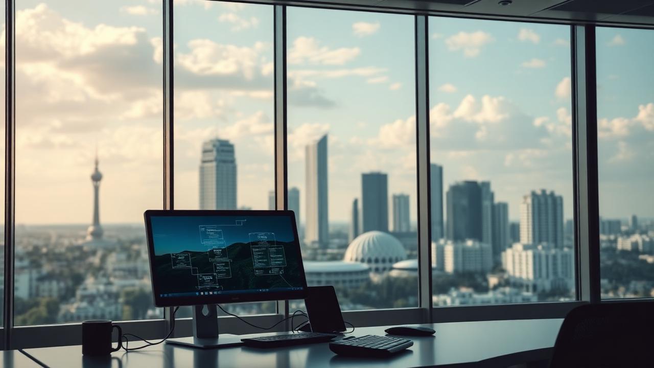 Escritório moderno em Brasília com foco em computador mostrando sistema de emissão de NF-e e documentos fiscais.