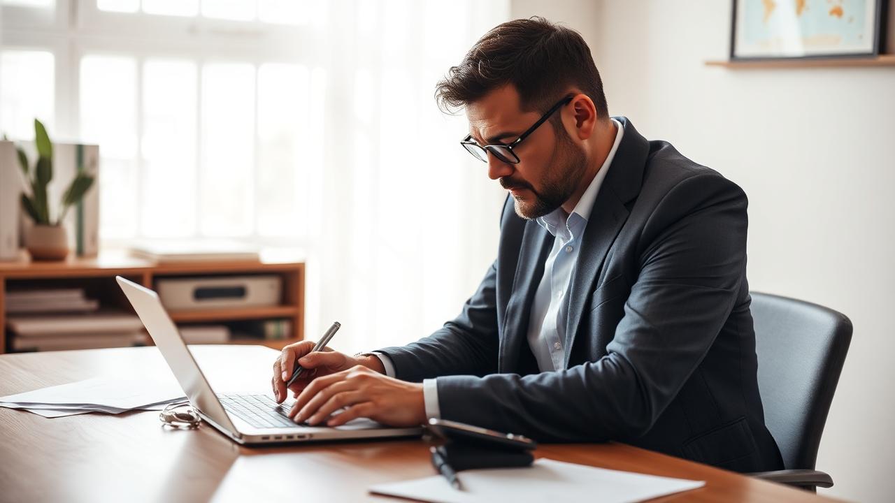 Empreendedor organizando finanças do MEI em um ambiente de escritório com notebook e calculadora.