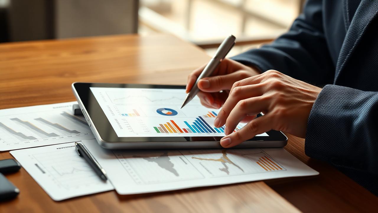 Empresário analisando gráficos de gestão em um tablet em um escritório moderno.