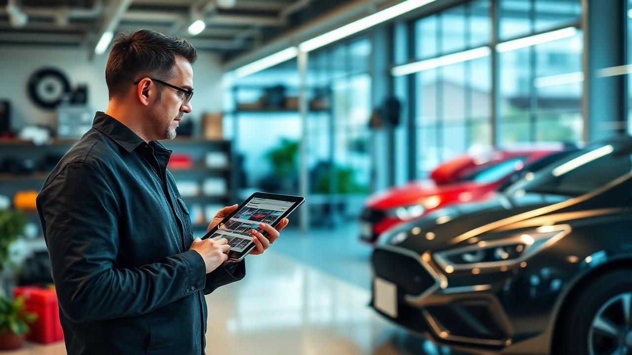 Proprietário de lava-rápido conferindo estoque de produtos automotivos com tablet nas mãos.