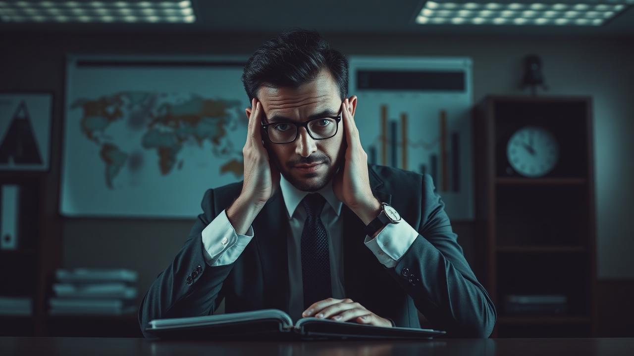Empresário preocupado analisando gráficos financeiros negativos em um escritório mesa com papéis e laptop.