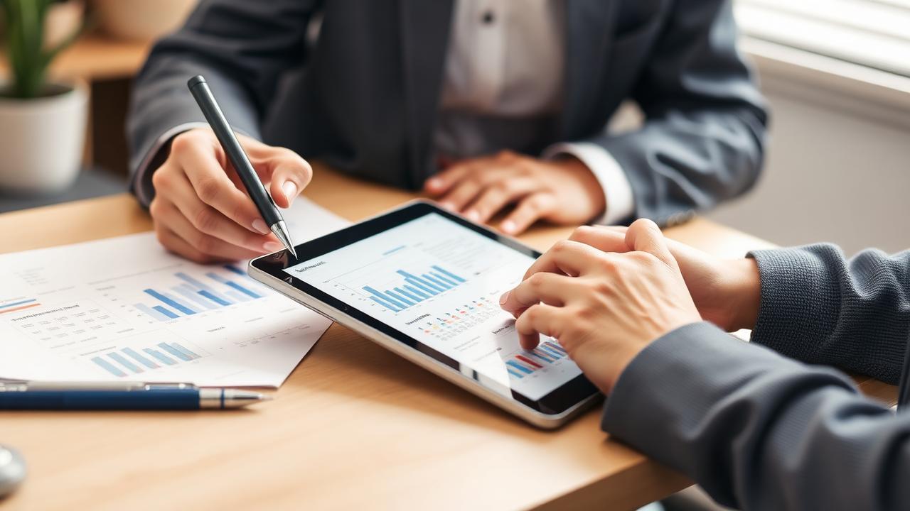 Empreendedor analisando gráficos financeiros e planejamendo controle de caixa em um tablet.