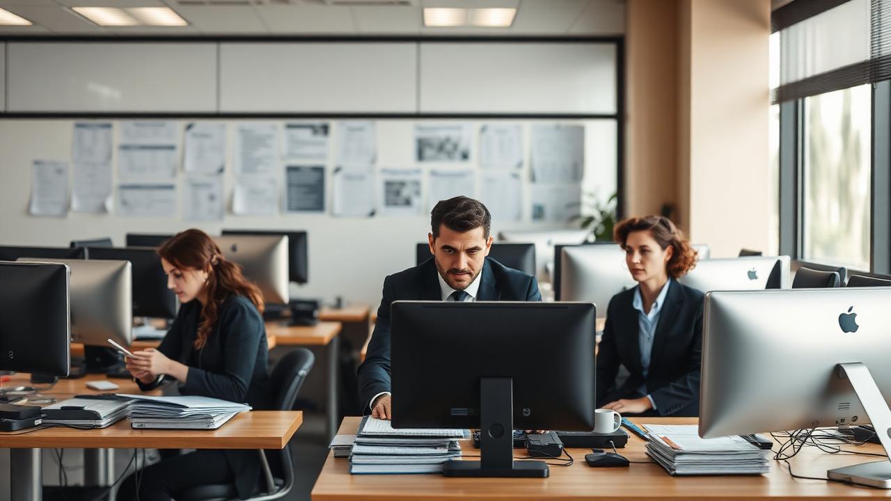 Escritório moderno representando o setor administrativo com documentos e tecnologia de gestão.