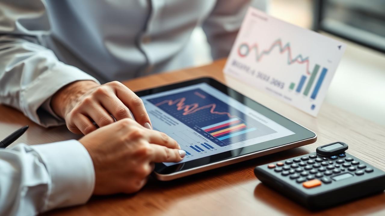 Empresário analisando gráficos de fluxo de caixa em um tablet com calculadora ao lado.