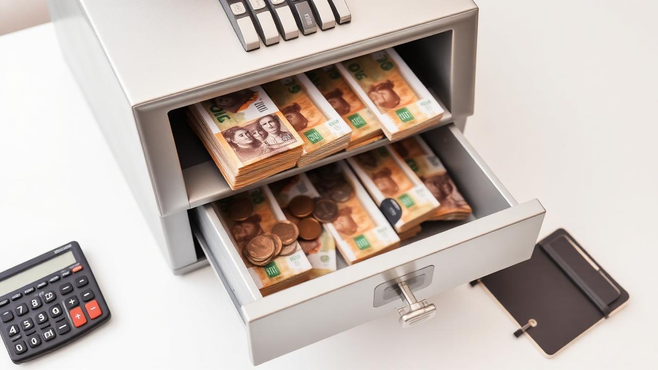 Imagem de uma pessoa fechando o caixa de uma empresa com calculadora e moedas sobre a mesa.