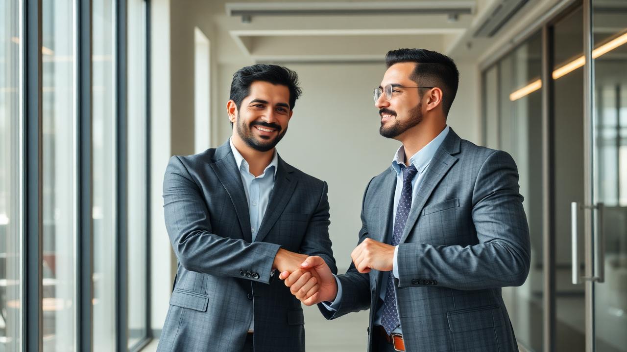 Empresários apertando as mãos representando um programa de parceria de sucesso.