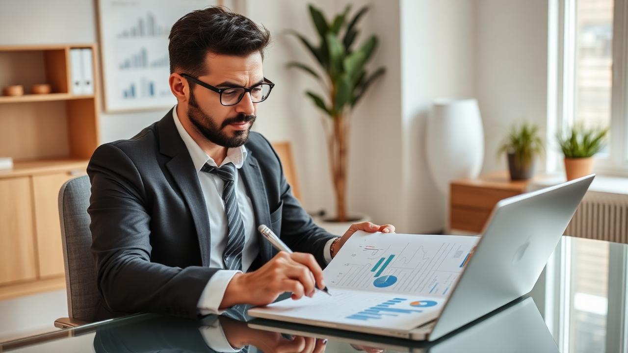 Empresário analisando relatórios financeiros em notebook com gráficos e documentos sobre a mesa