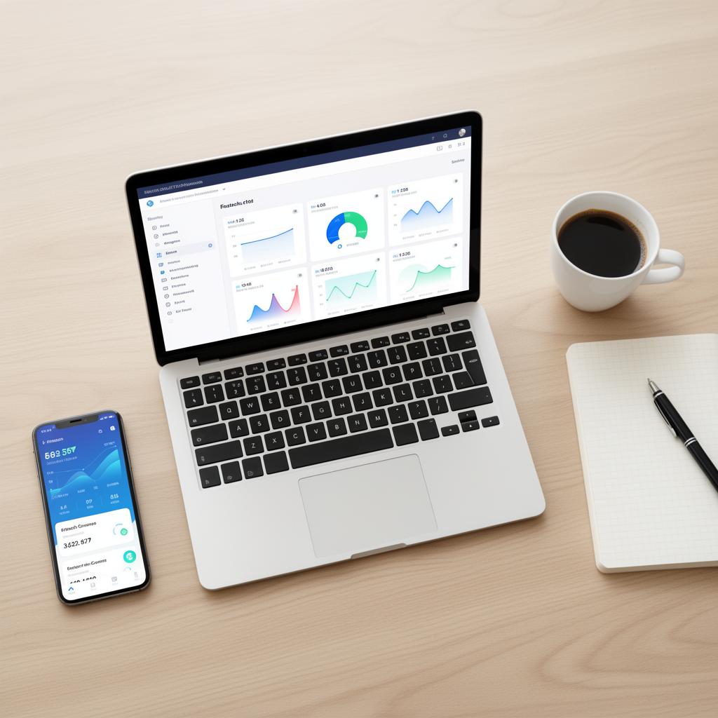 Visão aérea de um escritório com um notebook exibindo tabelas financeiras e um smartphone com gráficos de impostos.