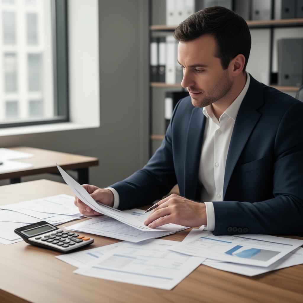 Escritório de contabilidade com planilhas e calculadora sobre a mesa representando a consultoria financeira.