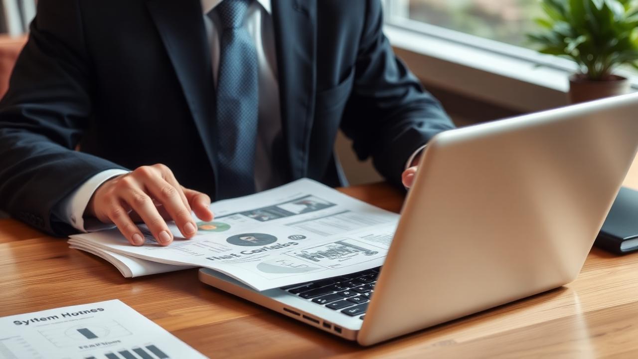 Empresário analisando gráficos de gestão em um computador e abandonando planilhas manuais.